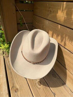 Classic Western Cowboy Hat with Studded Leather Band - Light Beige
